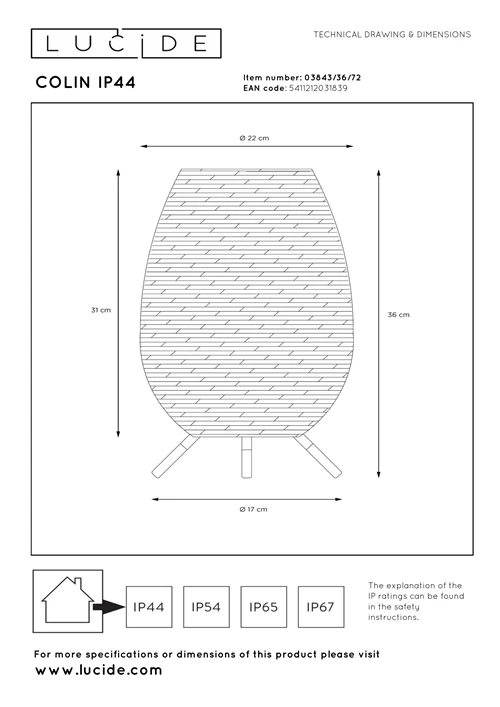 Lucide COLIN IP44 - Lampe de table Rechargeable Intérieur/Extérieur - Batterie/Piles - LED 3 StepDim - 1x3W 3000K - IP44 - Naturel - technique